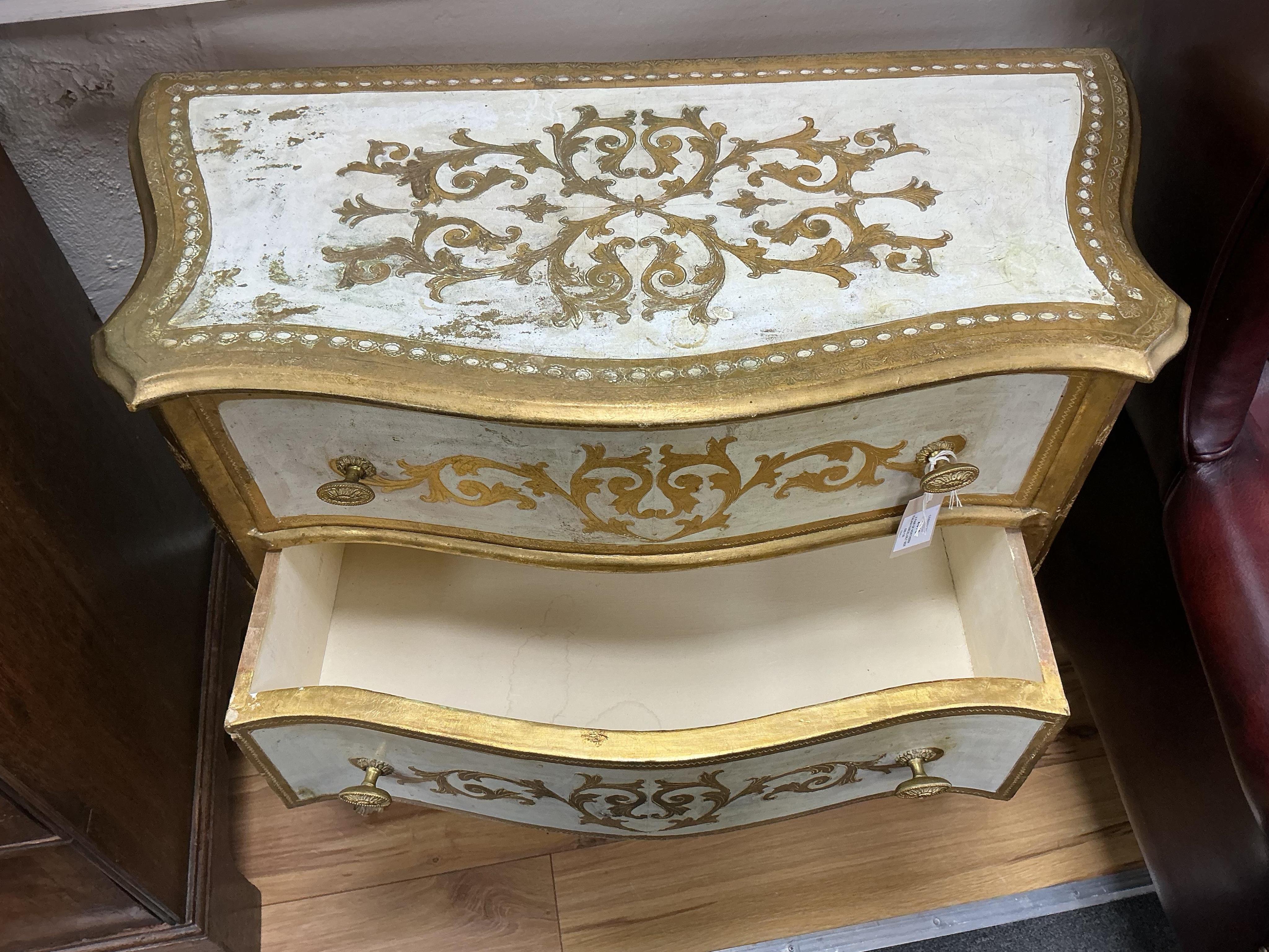 A pair of Northern Italian parcelgilt serpentine three drawer bedside chests, width 69cm, depth 38cm, height 78cm